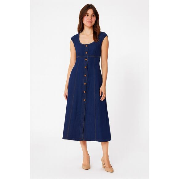 Madewell Y2K Denim Midi Dress Size 14 Benton Wash Blue Square Neck Button Front - Picture 1 of 13